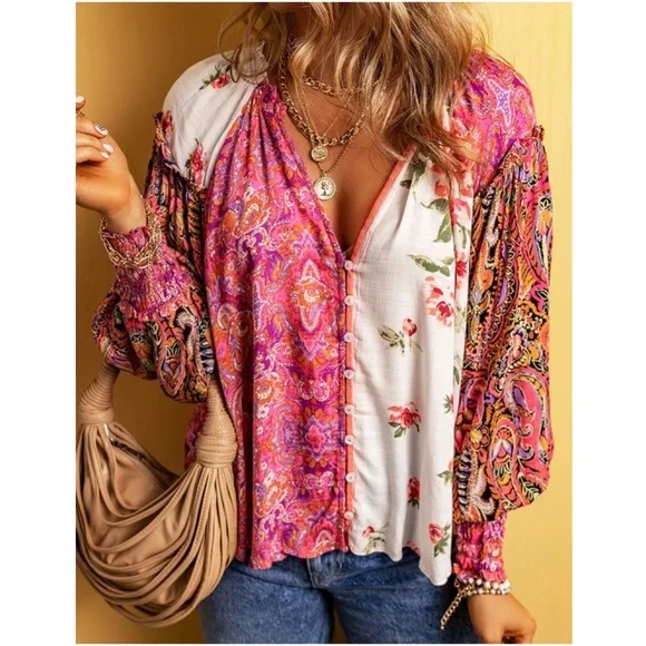 03 Boho Floral Print Button down Cottagecore Blouse - Picture 4 of 4